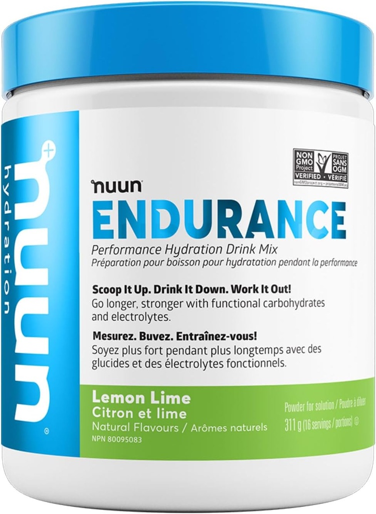 Nuun Hydration Endurance Powder, Lemon Lime, Workout Support,5 Essential Electrolytes for Hydration + Carbohydrates, Vegan, Non-GMO, (16 Services - Canister)