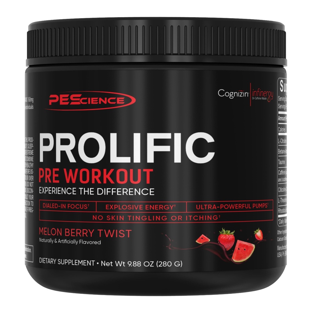 PE Science Prolific Pre Workout Toz for Men & Women with L-Citrulline, Nitrik Çimento ATM, Enerji Toz & Nootropic for Focus – Preworkout Without Beta Alanine – 40 Scoops, Melon Berry Twist Twist Twist