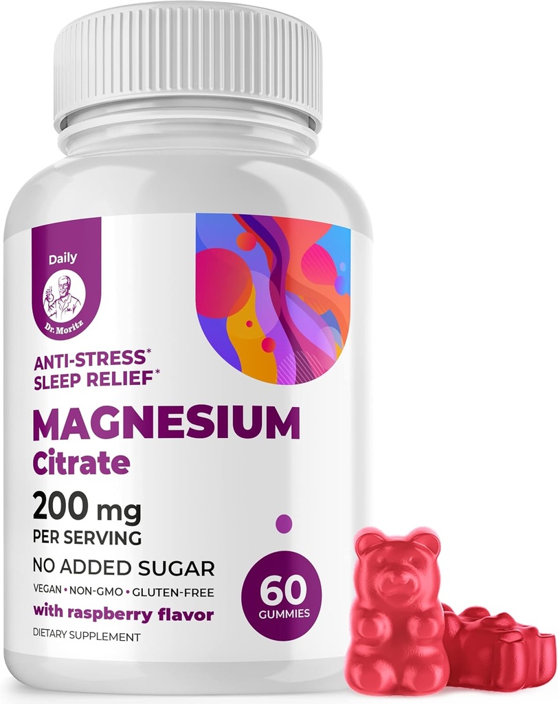 DR. MORITZ Magnezyum Citrate Gummies for Yetişkinler - Sugar-Free Calm Magnezyum Gummies - Sağlıklı Stres Cevaplarını Destekler - Raspberry Flavor - Non-GMO, 200 mg (60 Count)