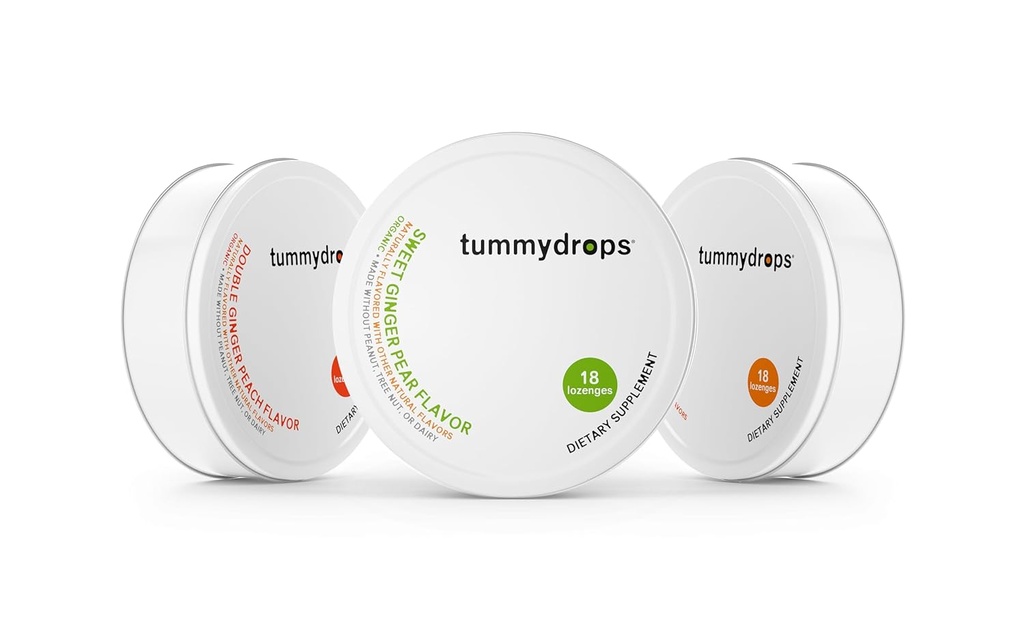 Tummydrops Organik Ginger Goodness Pack (1 her Spicy Ginger, Sweet Ginger Pear ve Double Ginger Peach). Gluten Free & Vegan. 54 Bireysel olarak Organik Ginger Lozenges'i sardı.
