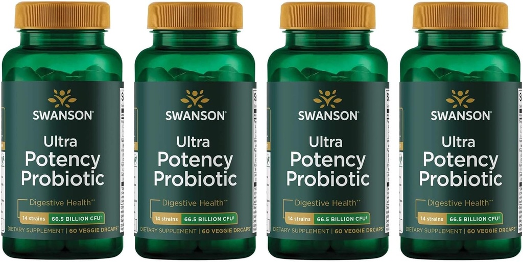 Swanson Ultra Potency Probiyotik Digestive Health Immune System Support 66 Milyar CFU Prebiyotik NutraFlora scFOS 60 DRcaps Veggie Capsules (Caps) (4 Pack)