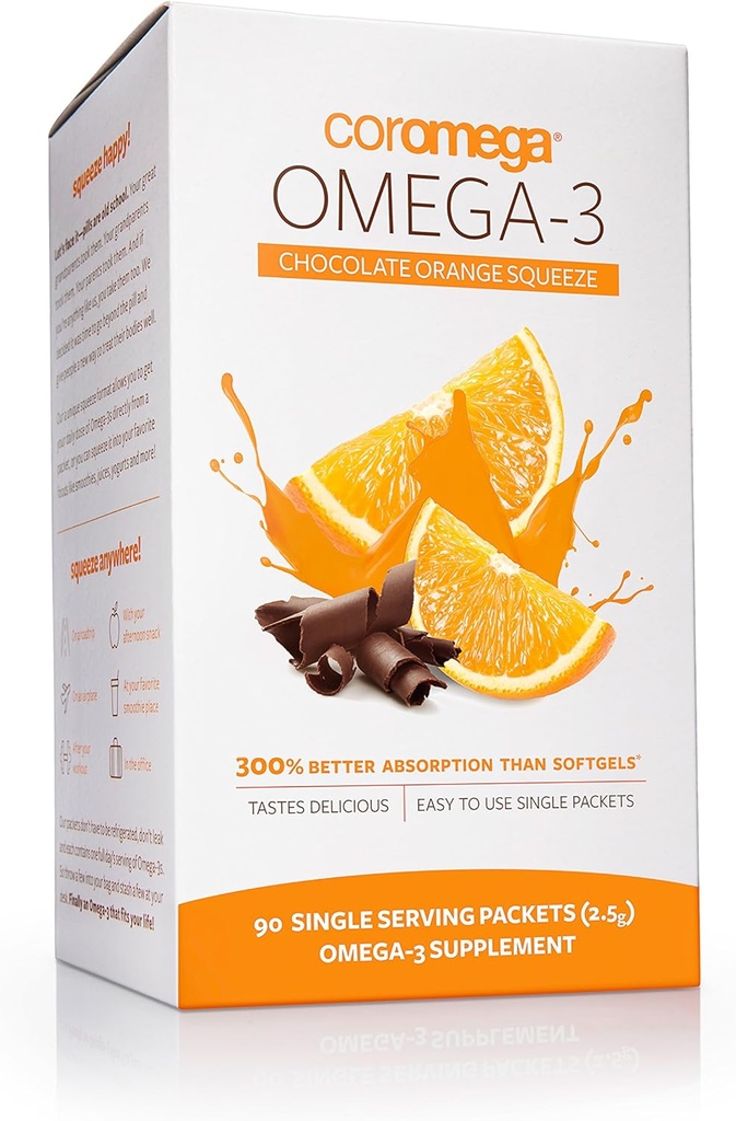 Coromega Omega 3 Fish Oil Supplement, Omega-3s ile 3X Daha İyi Aborpsiyon, Chocolate Orange Flavor, 90 Single Serve Squeeze Packets