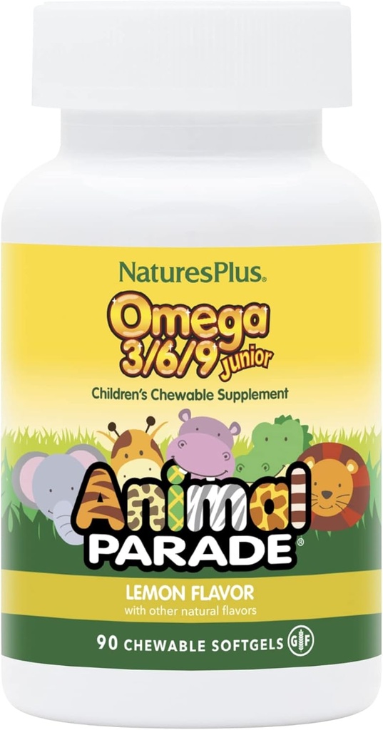 Natures Plus Animal Parade Omega 3/6/9 Junior, Lemon Flavor - 90 Softgels - Προάγει το ανοσοποιητικό, το δέρμα, το μάτι και το νευρικό σύστημα Υγεία - Μη ΓΤΟ, Χωρίς γλουτένη - 45 Σερβιέτες