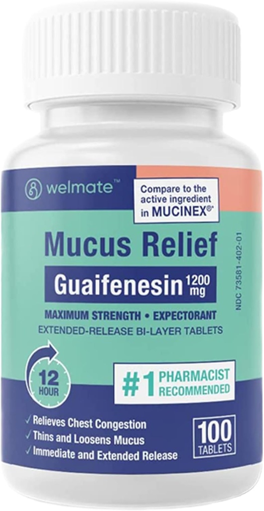WELMATE - Mucus Relief - Guaifenesin 1200 mg Maximum Strength - Extended-Release Expectorant Tablets - Helps Clear Chest Congestion & Loosen Mucus - 12 Hour Relief - 100 Count