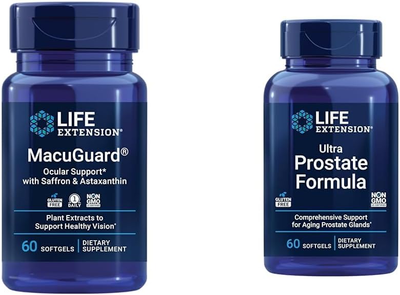 Life Extension Macuguard Ocular Support with Saffron & Astaxanthin 60 Kont and Ultra Prostate Formula Saw Palmetto 60 Softgels