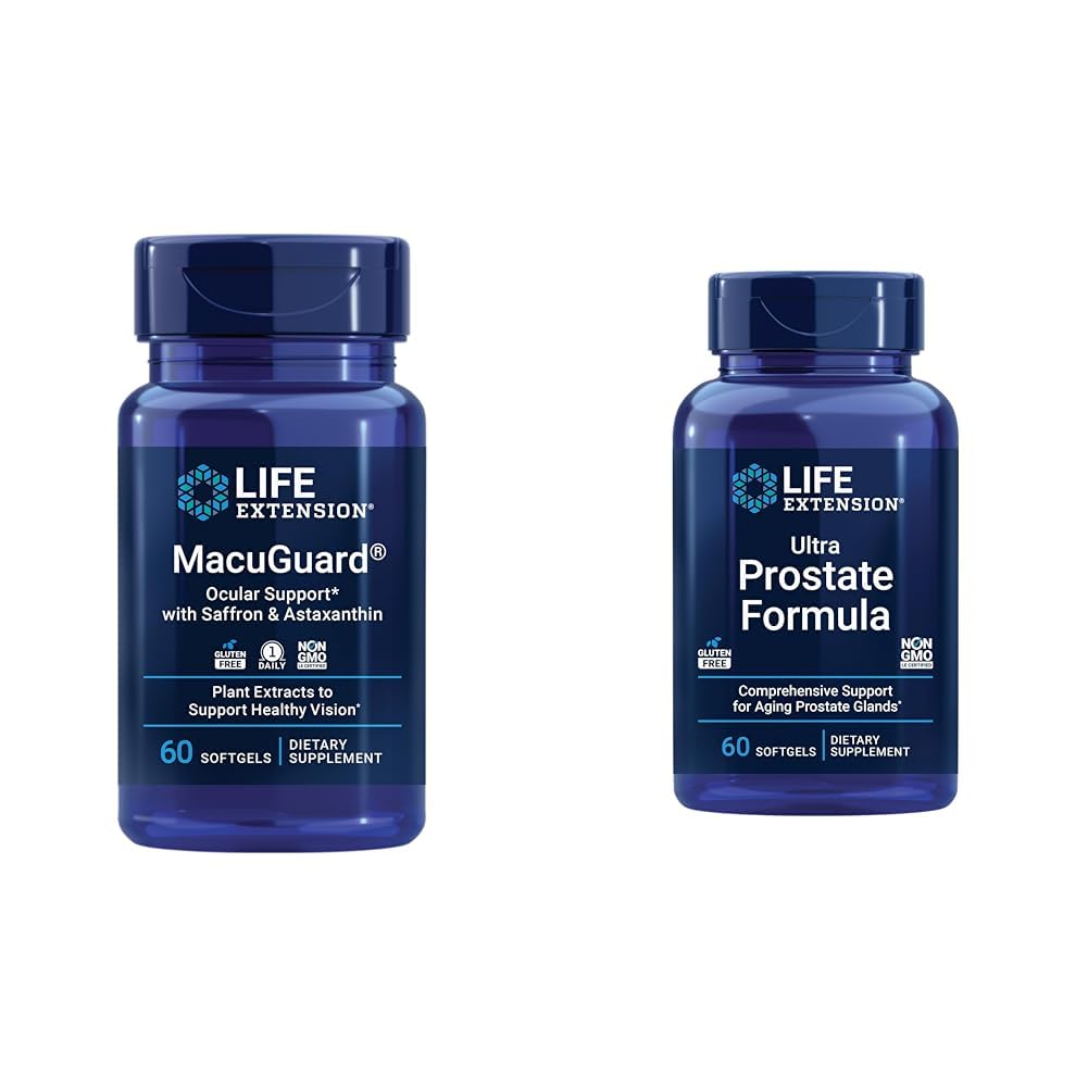 Life Extension Macuguard Ocular Support with Saffron & Astaxanthin 60 Kont and Ultra Prostate Formula Saw Palmetto 60 Softgels