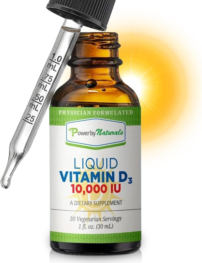 Power By Naturals Vitamin D3 Liquid Drops 10000 IU - High-Potency Vitamin D3 for Adult Bone Strength & Immune Support - Gluten-Free, Non-GMO, Sugar-Free - Vitamin - Orange Flavor, 1 f Oz (30 hizmet)