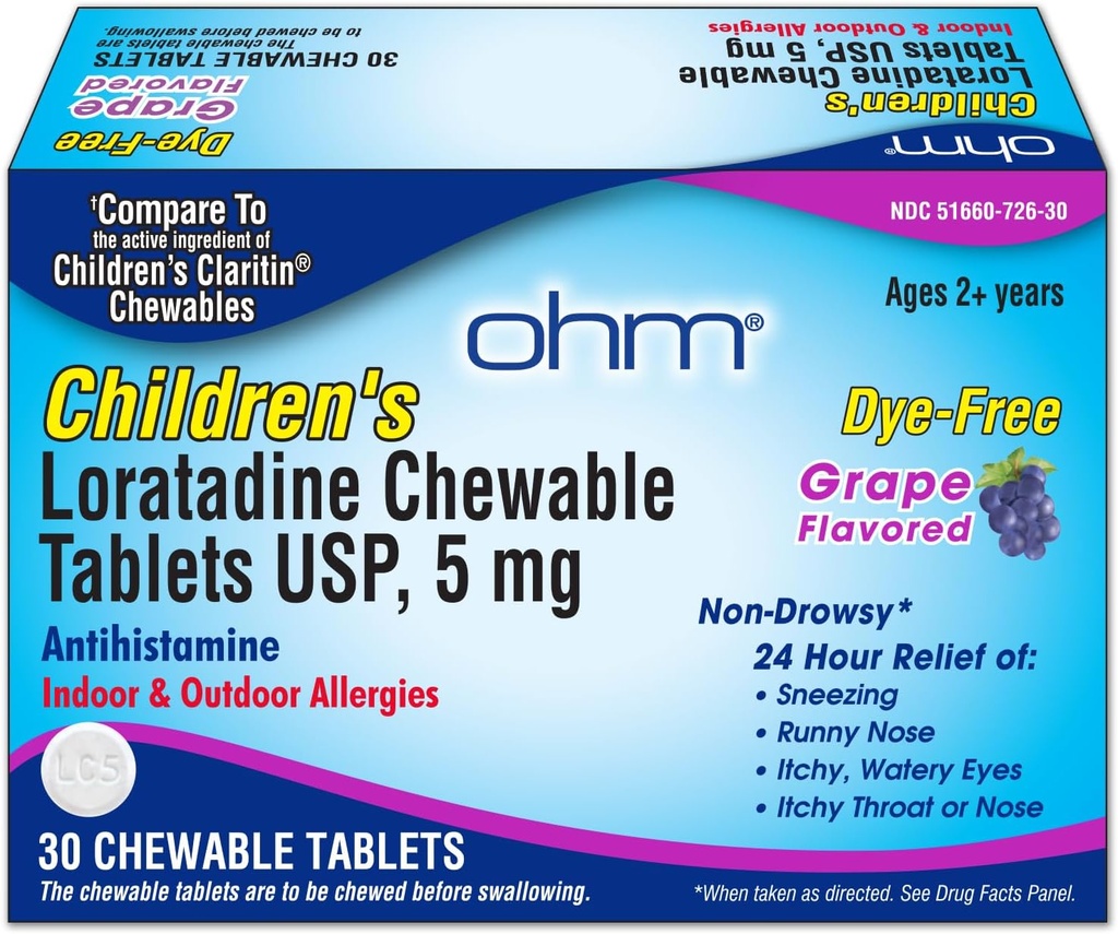 Ohm Children's Loratadine Antihistamine Chewable Tabletler - Dye Free, Grape Flavor, Non-Drowsy 24 Hour Relief, Antihistamine for Closed & Outdoor Allergies - 30 Tabletler