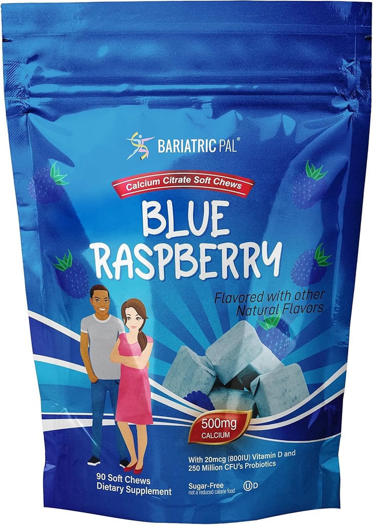 BariatrikPal Sugar-Free Food Citrate Soft Chews | 500 mg with Vitamin D & Probiyotiks | Blue Raspberry | 90 (1 Ay Supply)