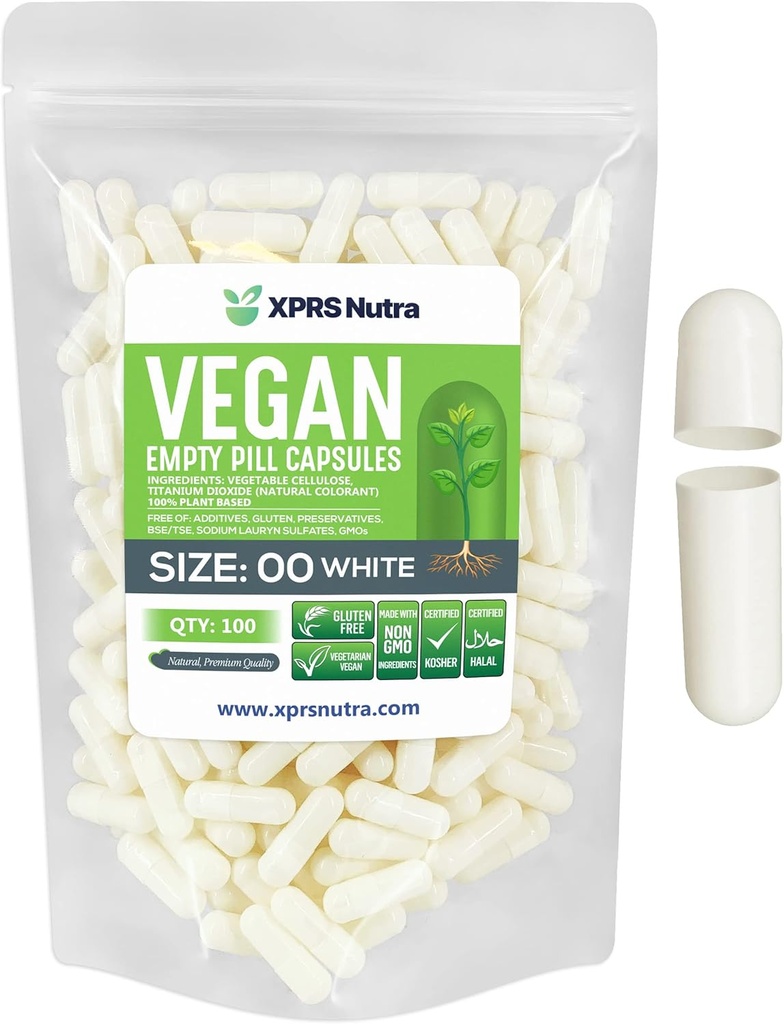XPRS Nutra Boyutu 00 Boş Kapsüller - 100 Kont Boş Vegan Capsules - Vejetaryen Boş Pills - DIY Sebze Kapsülü - Veggie Pill Caps (Beyaz)
