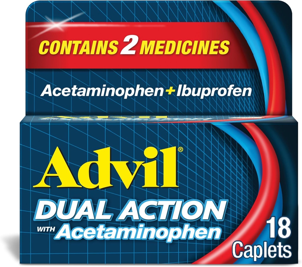 Advil Dual Action Coated Caplets με Acetaminophen, 125mg Ibuprofen και 250mg Acetaminophen Per Caplet για 8 ώρες ανακούφιση του πόνου - 18 κόμης