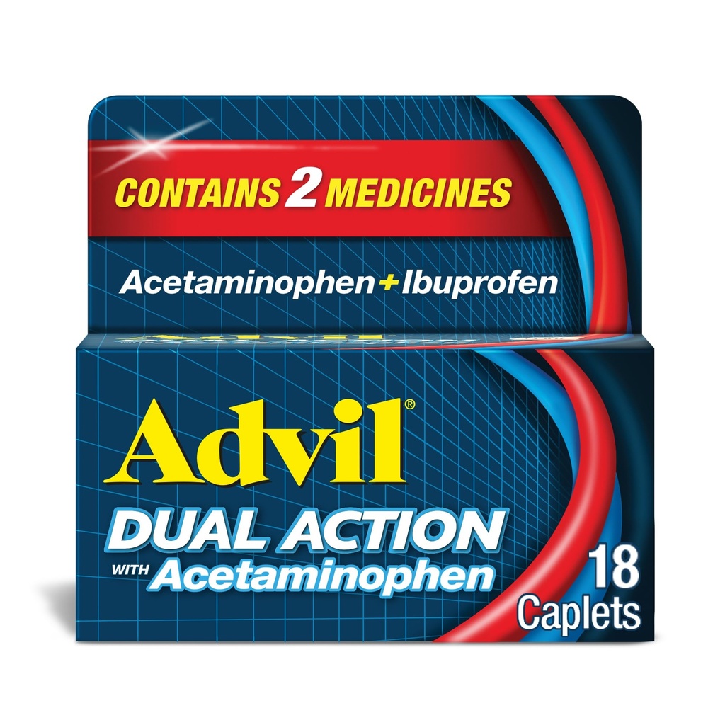 Advil Dual Action, Acetaminophen ile Caplets, 125 mg Ibuprofen ve 250mg Acetaminophen Per Caplet 8 Saat Ağrı Yardımı - 18 Kont
