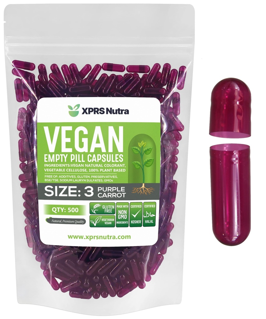 XPRS Nutra Μέγεθος 3 κενές κάψουλες - 500 κόμης άδειος Vegan - χορτοφαγικές κενές κάψουλες χάπια - DIY κάψουλες λαχανικών γεμίζοντας - Veggie χάπια καπάκια (Purple Carrot)