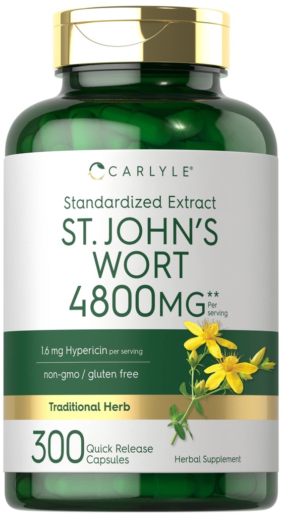 Carlyle St John's Wort Capsules | 4800 mg | 300 Count | Non-GMO & Gluten Free Supplement | Standardized Extract