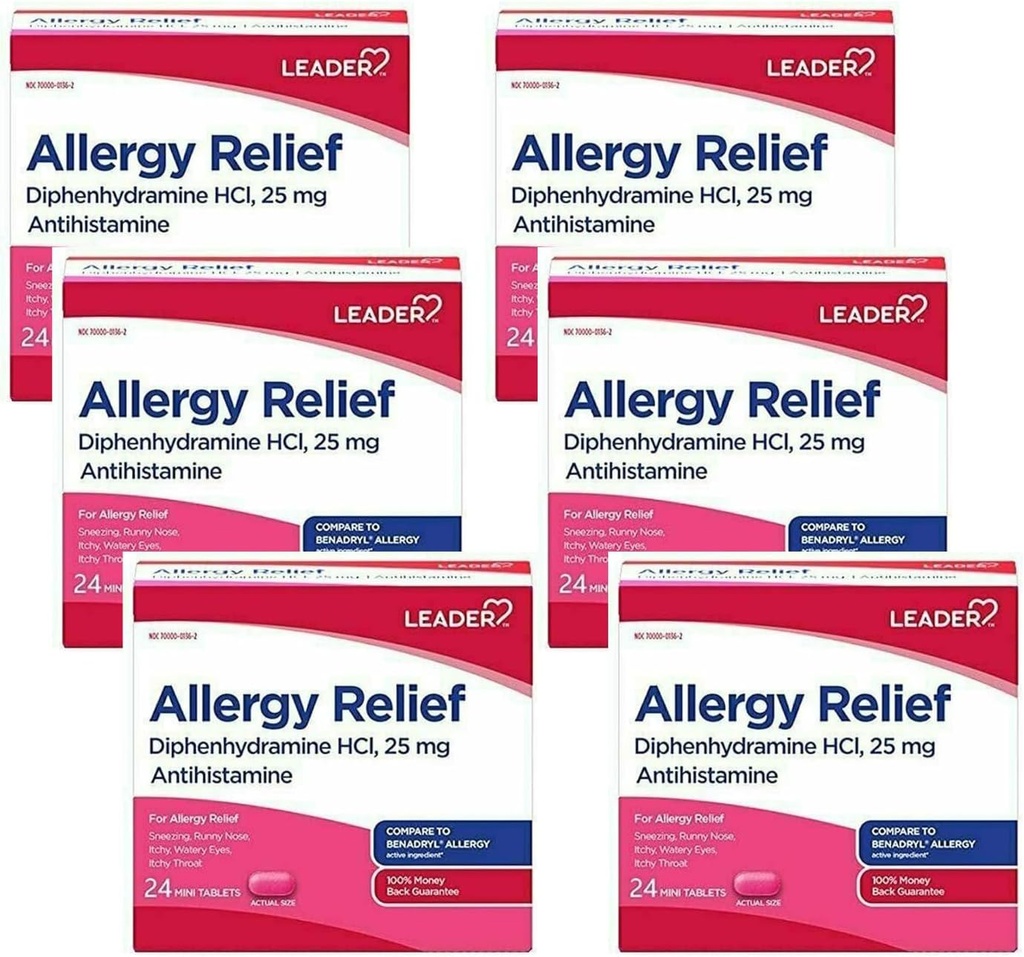 Lider Antihistamin Antihistamin Antigistamine Relief Diphenhydramine HCl, 25 mg Mini Tabletler, 24 Kont Pack of 6