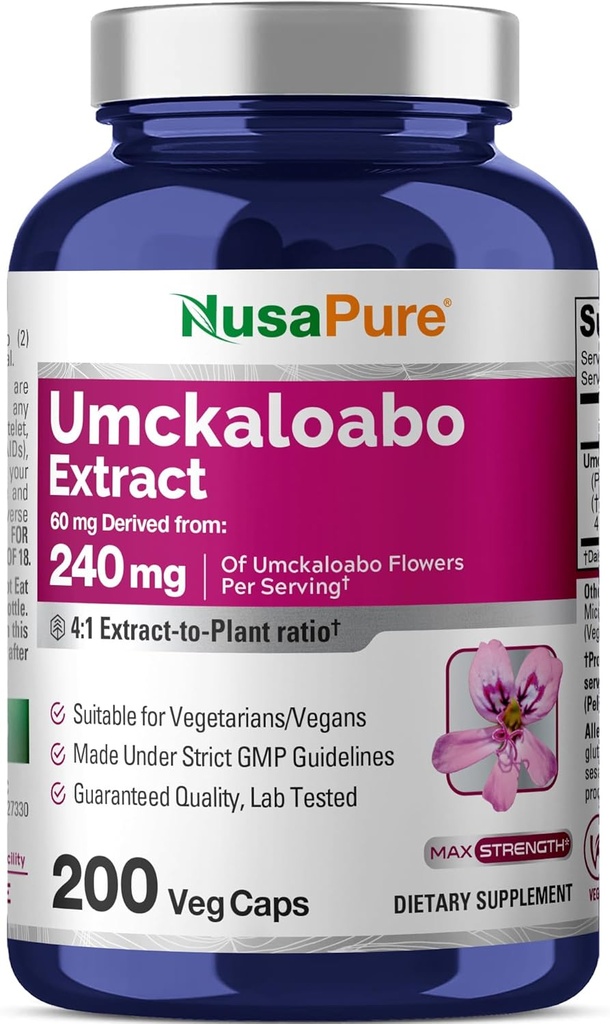 NusaPure Umckaloabo 4: 1 Extract, 60 mg Ισοδύναμο με 240 mg Veggie Caps 200 Count (Non-GMO, Vegan)