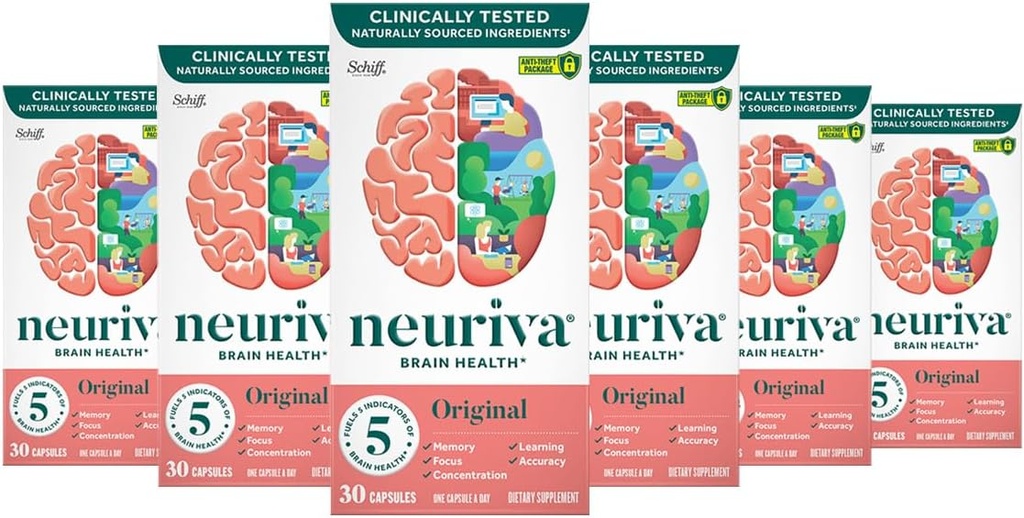 NEURIVA Original Brain Supplement for Memory, Focus & Concentration + Learning & Truth with Klinik olarak Nootropics Phosphatidylserine and Neurotors, Caffeine Free, 30 Capsules (6 Pack)
