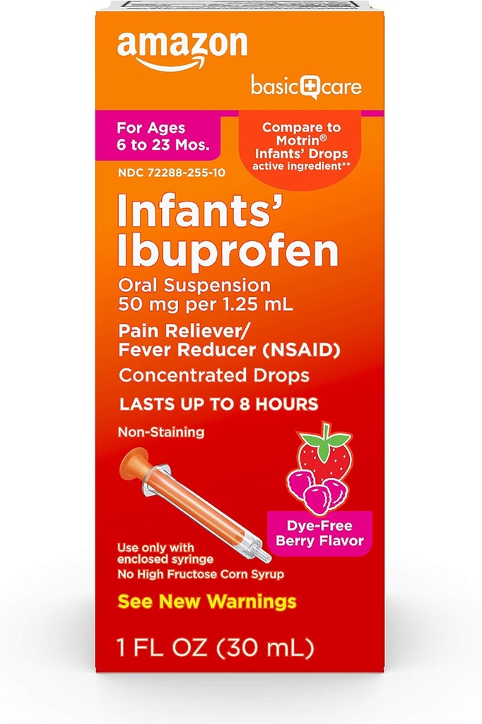   Basic Care Infants’ Ibuprofen Oral Suspension, 50 mg/1.25 mL, Berry Flavor Concentrated Drops, Dye-Free, 1 fl oz (Pack of 1)