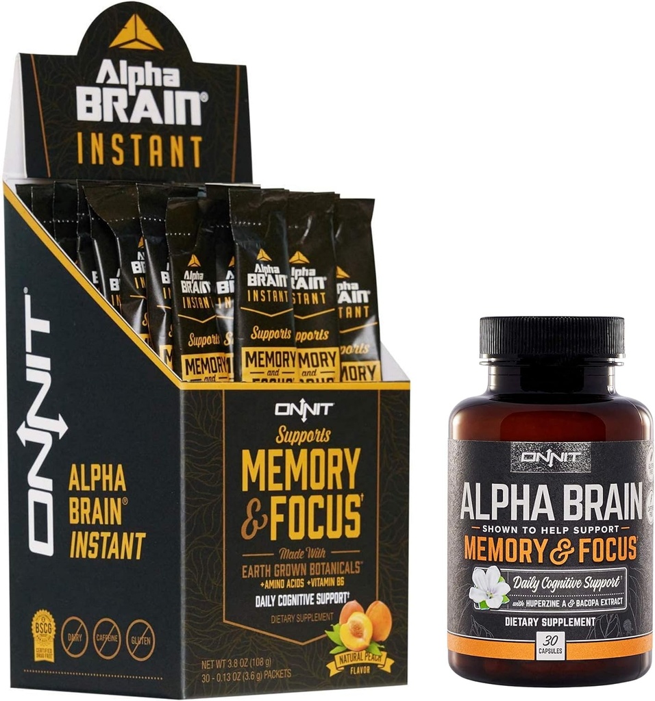 ONNIT Nootropic Stack - Alpha Brain Capsules (30ct) + Alfa Brain Instant - Natural Peach (30ct)