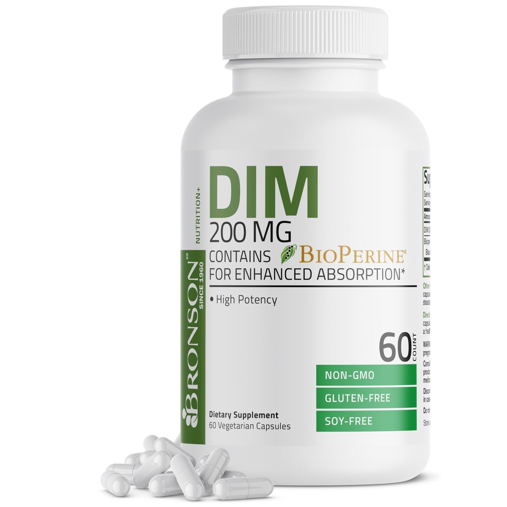 Bronson DIM 200 MG Supplement Diindolymethane with BioPerine for Advancedd Abors, Estrogen Metabolism & Keeps Balanced Hormon Seviyeleri, 60 Vegetarian Capsules