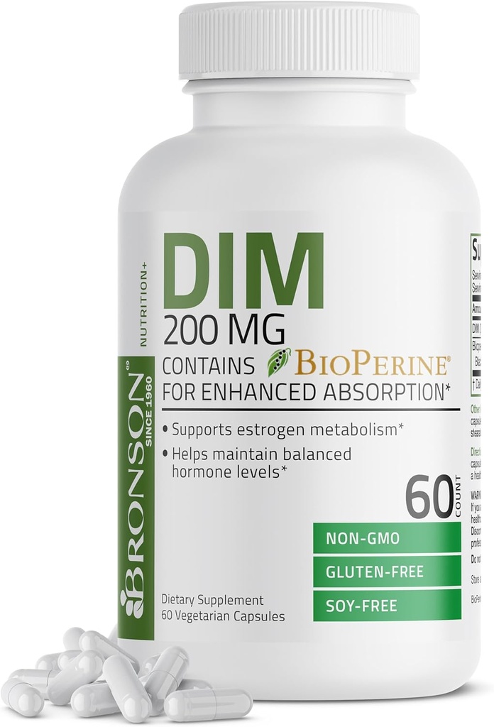 Bronson DIM 200 MG Supplement Diindolymethane with BioPerine for Advancedd Abors, Estrogen Metabolism & Keeps Balanced Hormon Seviyeleri, 60 Vegetarian Capsules