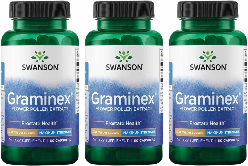 Swanson en Güçlü Graminex Flower Pollen Extract - Supports Prostate Health, Urinary Tract Function & Kidneys - Mens Health Supplement - (60 Capsules, 500 mg each) (3 Pack)