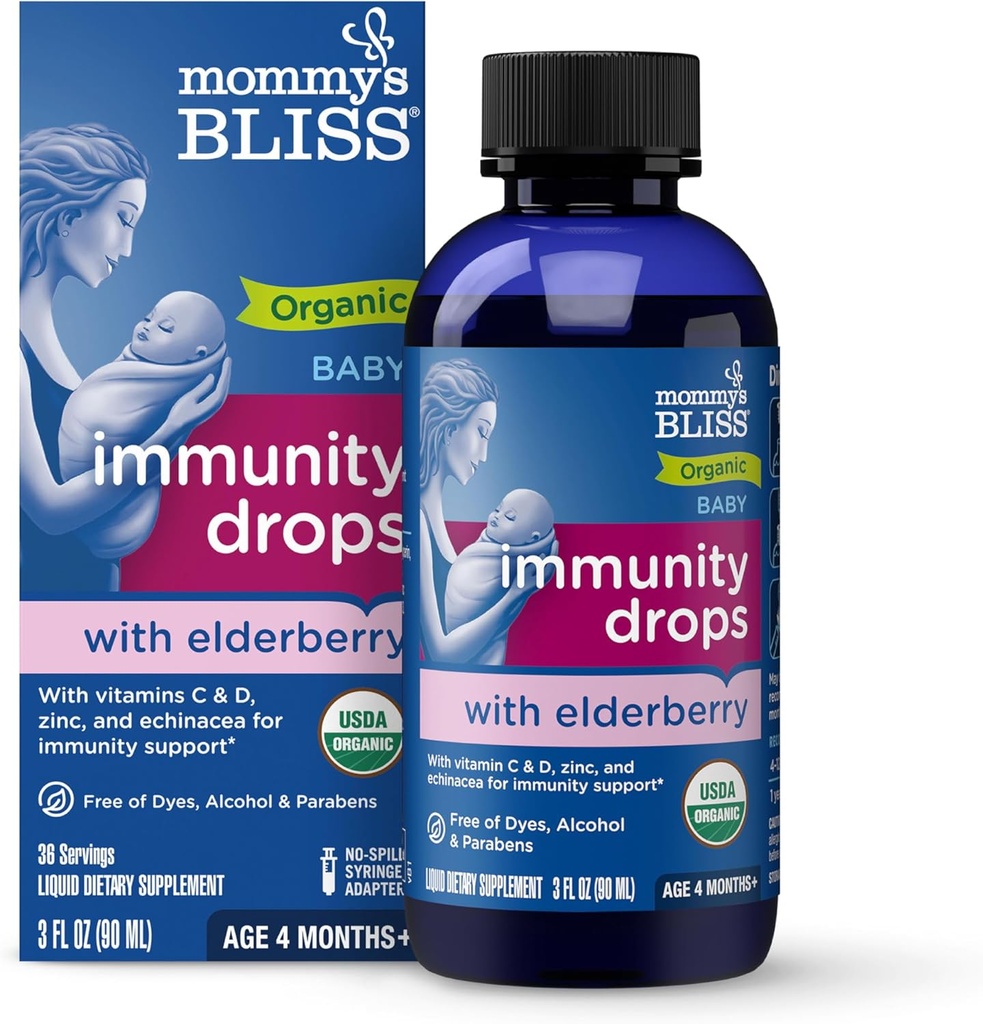 Mommy's Bliss Organic Baby Elderberry Drops, Ανοσοποιητική Υποστήριξη με Βιταμίνες, Πρεβιοτικά, Ψευδάργυρος & Βιολογικά Echinacea, Ηλικία 4 Μήνες +, 3 Fl Oz (36 Υπηρεσίες)