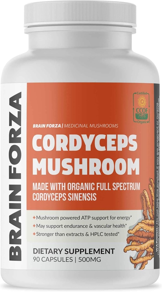 Beyin Forza Organik Cordyceps Capsules - Cordyceps Sinensis Mushroom Low-Oxygen Amerika Birleşik Devletleri, Non-GMO, Vegan, Organik, 90 Capsules