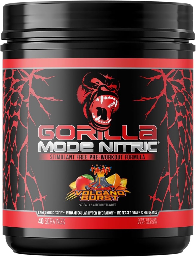 Gorilla Mind - Gorilla Mode Nitric Upgraded Simulant Free Pre-Wortout – Καλύτερη γεύση και πιο αποτελεσματική διεγερτική Δωρεάν προ-εργάσιμες/βοηθητικές αντλίες · αγγειοδιαστολή · Power / 768 Grams (Volcano Burst)
