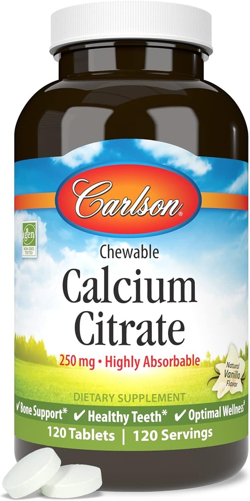 Carlson - Chewable Calcium Citrate, 250 mg, Highly Absorbable, Bone Support, Healthy Teeth & Optimal Wellness, Natural Vanilla Flavor, 120 Tablets
