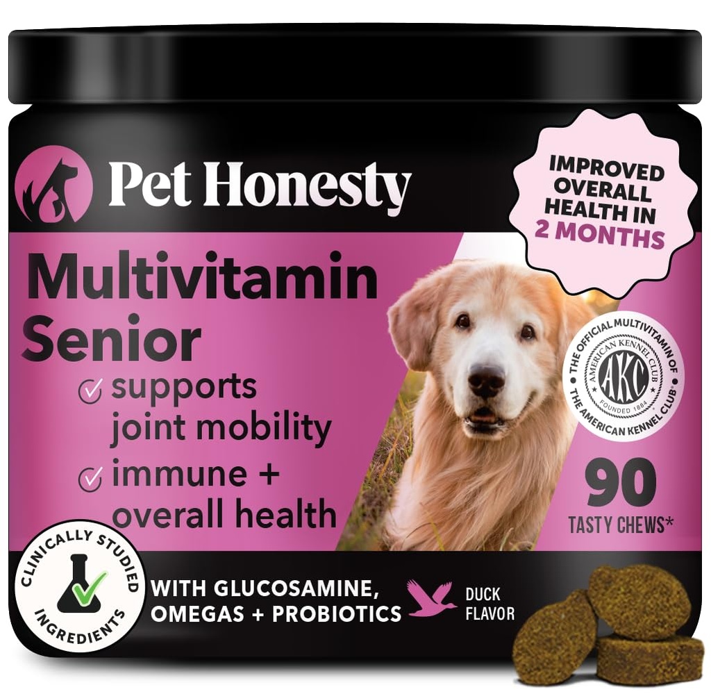 Senior Dog Multivitamin - Essential Dog Vitamins and Supplements - Glucosamine, Probiyotiks, Omega Fish Oil for Dogs Health & Heart- Dogs Vitamins Health Materials (Duck 90 ct)