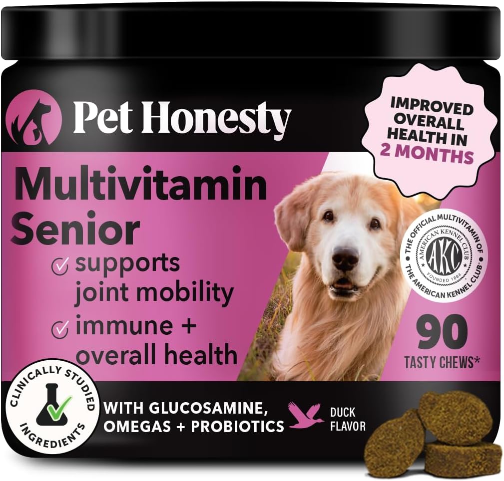 Senior Dog Multivitamin - Essential Dog Vitamins and Supplements - Glucosamine, Probiyotiks, Omega Fish Oil for Dogs Health & Heart- Dogs Vitamins Health Materials (Duck 90 ct)
