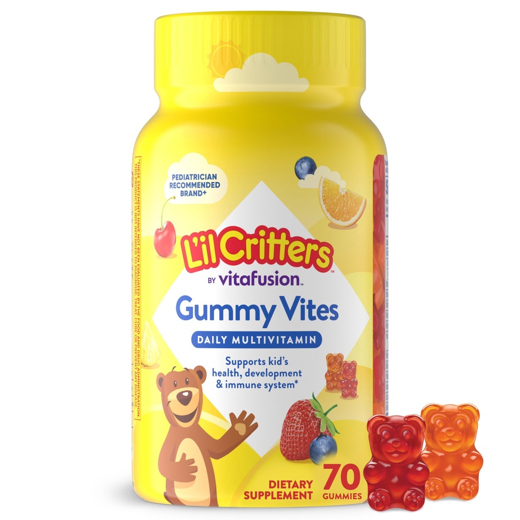 L'il Critters Gummy Vites Daily Gummy Multivitamin for Kids, C, D3 for Immune Support Cherry, Strawberry, Orange, Pineapple ve Blueberry Flavors, 70 Count Gummies