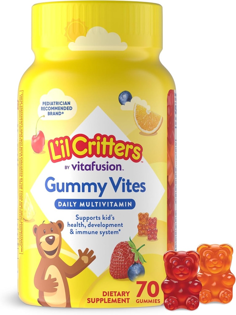 L’il Critters Gummy Vites Καθημερινή Gummy Πολυβιταμίνη για τα παιδιά, βιταμίνη C, D3 για ανοσοποιητική υποστήριξη Cherry, Φράουλα, Πορτοκάλι, Ανανάς και άρωμα βατόμουρο, 70 Gummies Count