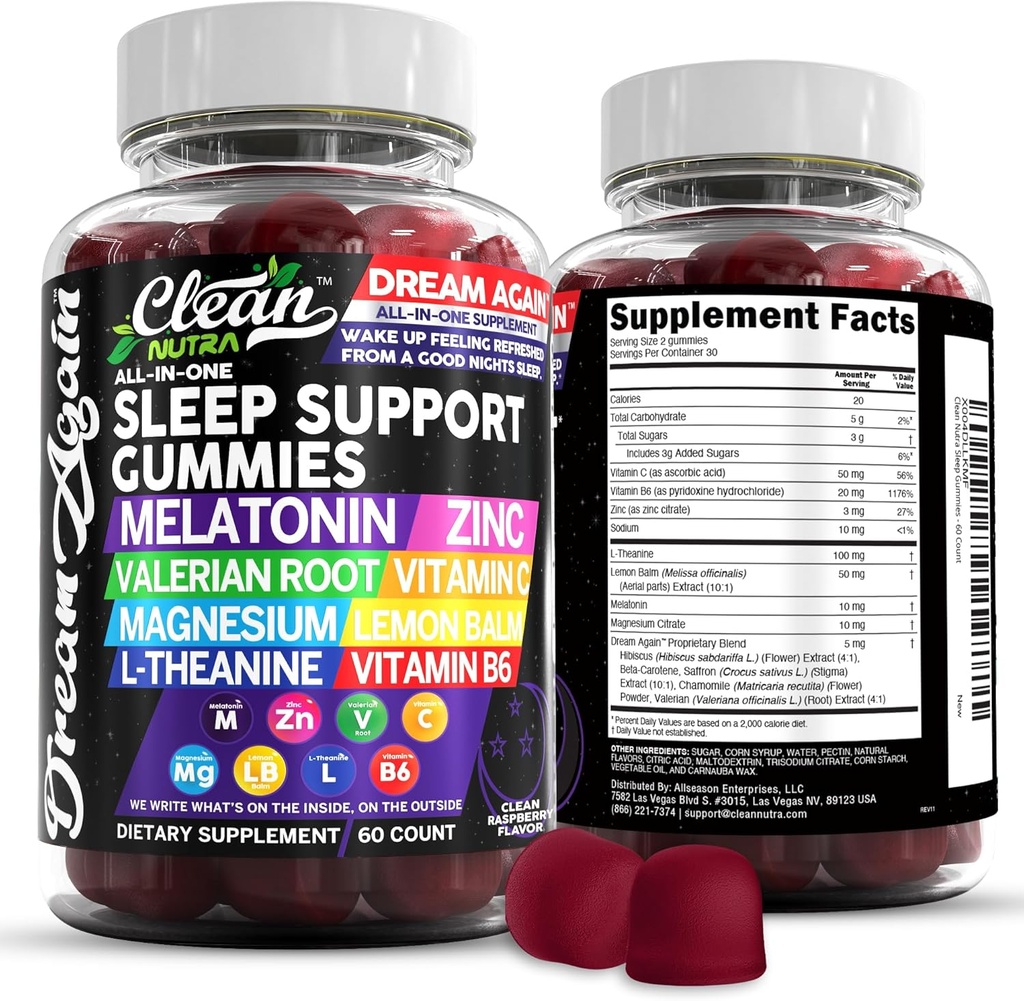 Temiz Nutra Melatonin Gummies 10mg | Sleep Aid Valerian Root L-Theanine Vitamin B6 C Lemon Balm Magnezyum Hibiscus Beta Carotene Saffron & Chamomile Rest Support Supplement Raspberry Flavor Flavor