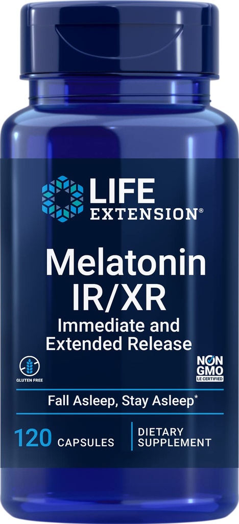 Life Extension Melatonin IR/XR 120 Capsules - Immediate & 7 Hour Extended-Release - Night Time Supplement - Destekler Asleep - Non-GMO, Gluten-Free-GMO, Gluten-Free-Release