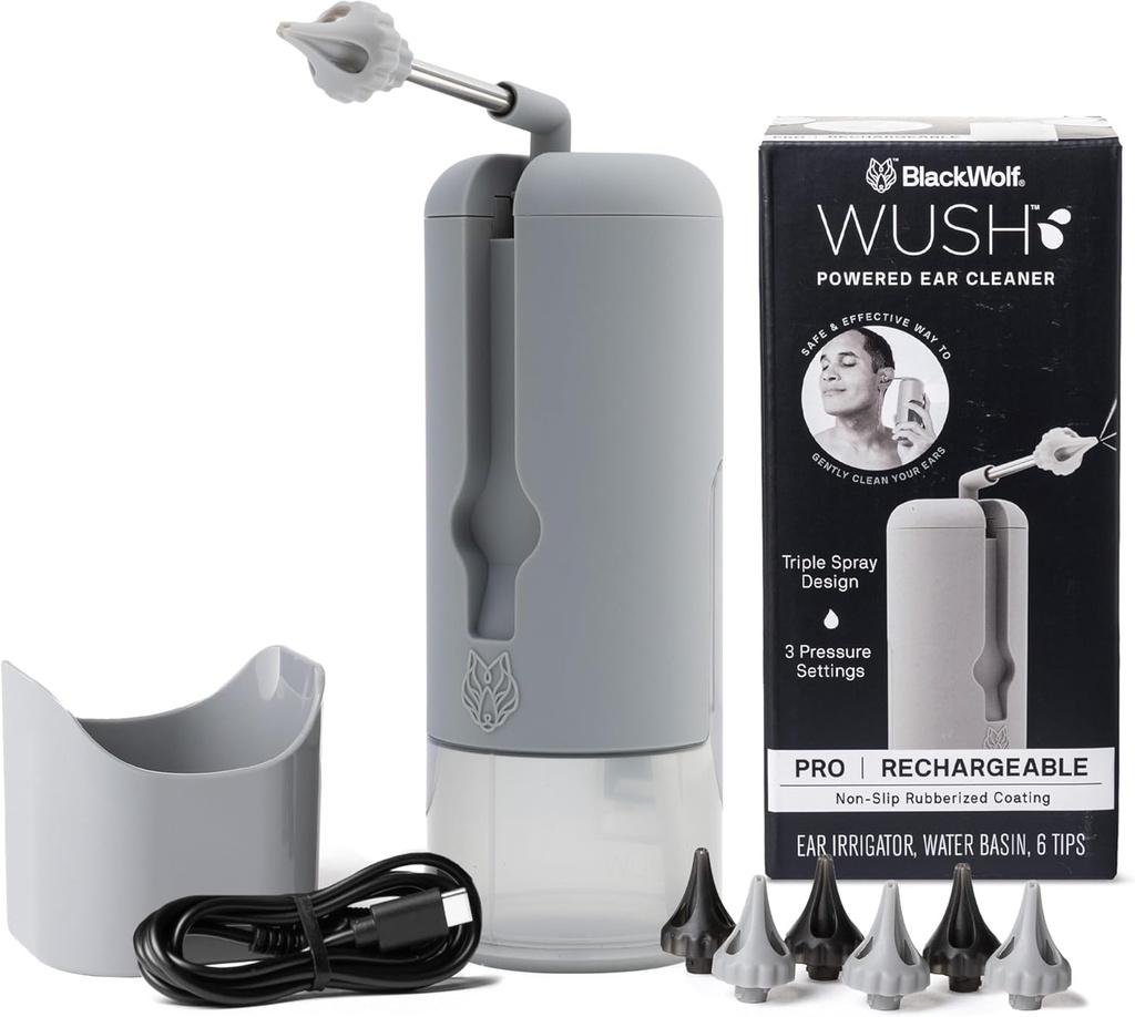Wush Pro by Black Wolf - The Original Deluxe Water Powered Ear Cleaner with 6 Reuseable Replacement Tips by Black Wolf - Safe & Refficient for Ear Wax Buildup - Ηλεκτρικό Κιτ αφαίρεσης αυτιών (Grey)