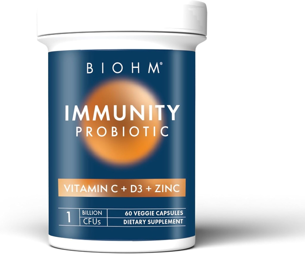 BIOHM Immunity Probiyotik with Vitamin C, D3 & çinko, 1 Milyar CFU (60 Capsules) Daily Probiyotiks for Women & Men, Digestive Health & Immune Support, Vegan, Gluten-Free and Non-GMO