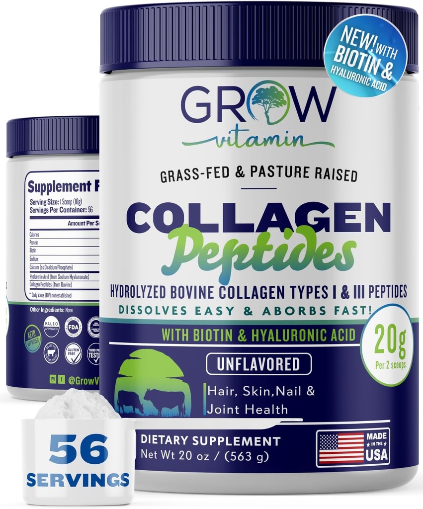 Κολλαγόνο Peptides σε σκόνη 20g με Υαλουρονικό Οξύ & Βιοτίνη - Άγευστη Grass Fed Κόλαγκεν σε σκόνη με Hydrolyzed Τύπου I & III Συμπληρώματα κολλαγόνου - Μαλλιά, νύχια, δέρμα & κοινή υποστήριξη - 56 Σερβιέτες