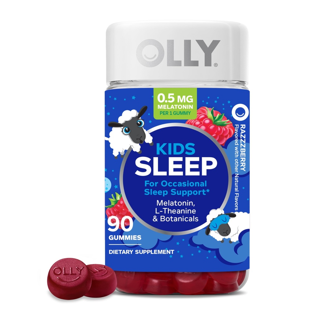 OLLY Παιδική Gummy ύπνου, περιστασιακή υποστήριξη ύπνου, 0.5mg μελατονίνη, L Theanine, χαμομήλι, και εκχύλισμα βάλσαμου λεμόνιυ, συμπλήρωμα μάσημας για παιδιά, άρωμα σμέουρων - 90 κόμης