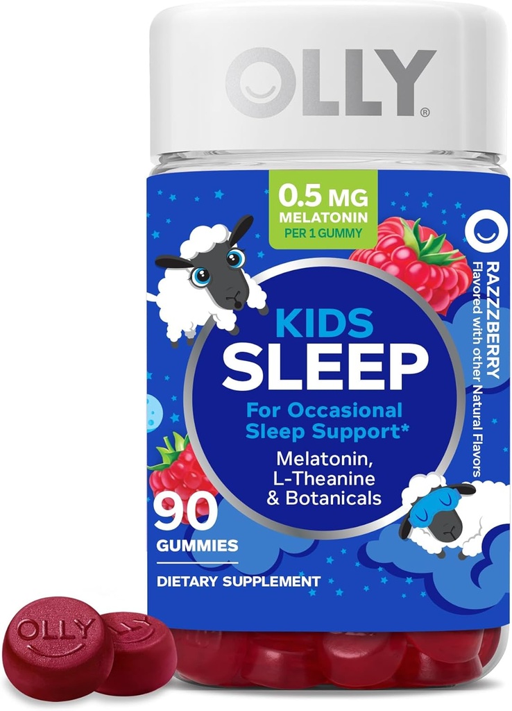 OLLY Kids Sleep Gummy, Occasional Sleep Support, 0,5 mg Melatonin, L Theanine, Chamomile ve Lemon Balm Extracts, Childrens Chewable Supplement, Raspberry Flavor - 90 Kont
