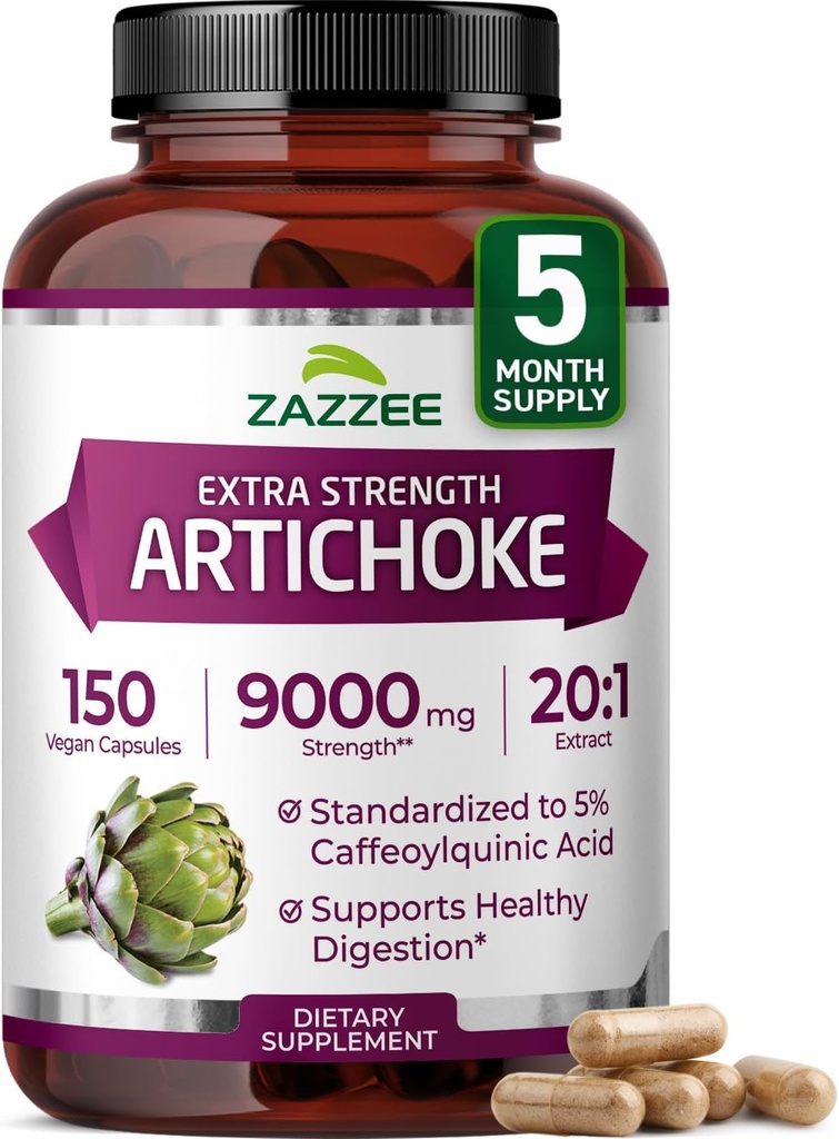 Zazzee Ekstra Kuvvet Artichoke 20:1 Ekstraksiyon, 9000 mg Güçlü,% 5 Caffeoylquinic Acid, 150 Vegan Capsules, 5 Ay Supply, Interd ve Standardized 20X Extract, Non-GMO ve All-Doal