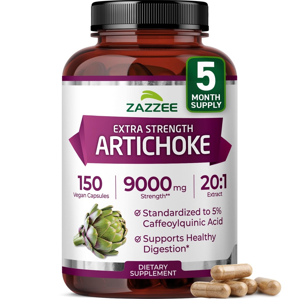 Zazzee Extra Strength Artichoke 20:1 Extract, 5% Caffeoylquinic Acid, 150 Vegan Capsules, 5 Month Supply, Cynara Scolymus, Digestive & Liver Detox Support, Herbal Supplement, Non-GMO, Made in the USA