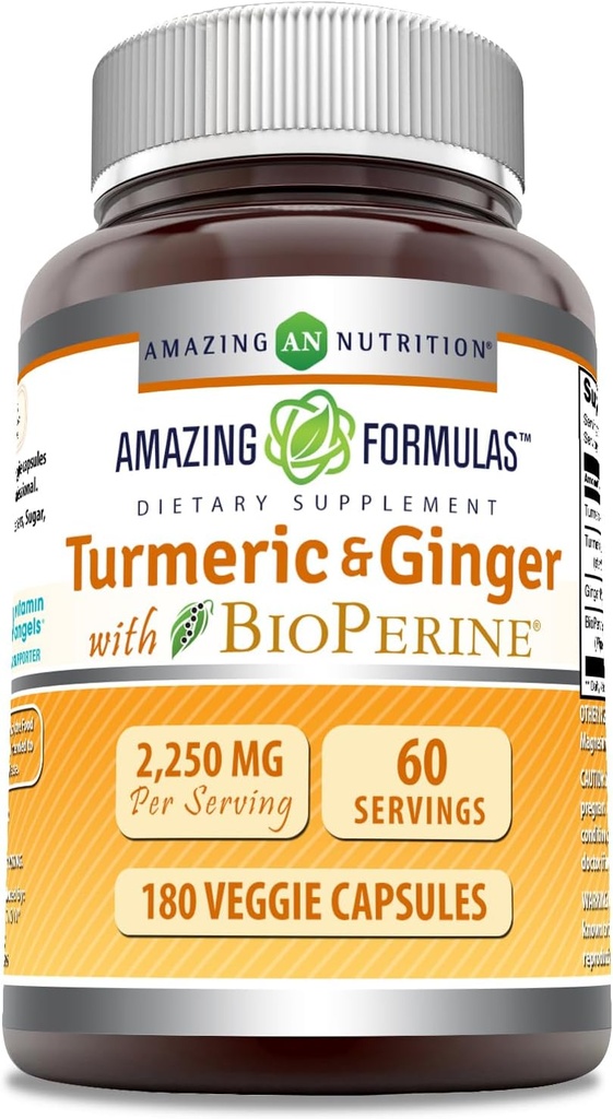 Amazing Formulas Turmeric Curcumin & Ginger with BioPerine 2250 mg Per Service Veggie Capsules | Non-GMO | Gluten Free | Made in USA | Ideal for Vegetarians (180 Count)
