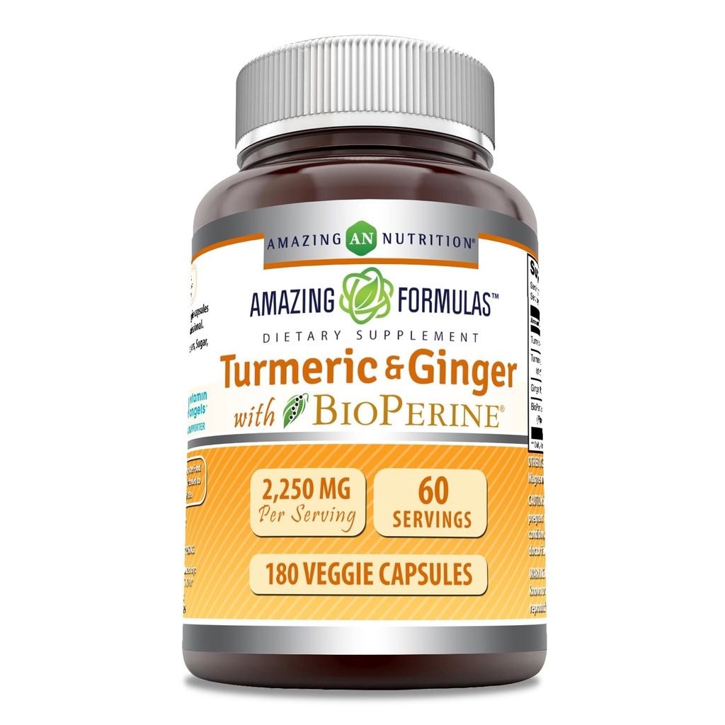 Amazing Formulas Turmeric Curcumin & Ginger with BioPerine 2250 mg Per Service Veggie Capsules | Non-GMO | Gluten Free | Made in USA | Ideal for Vegetarians (180 Count)