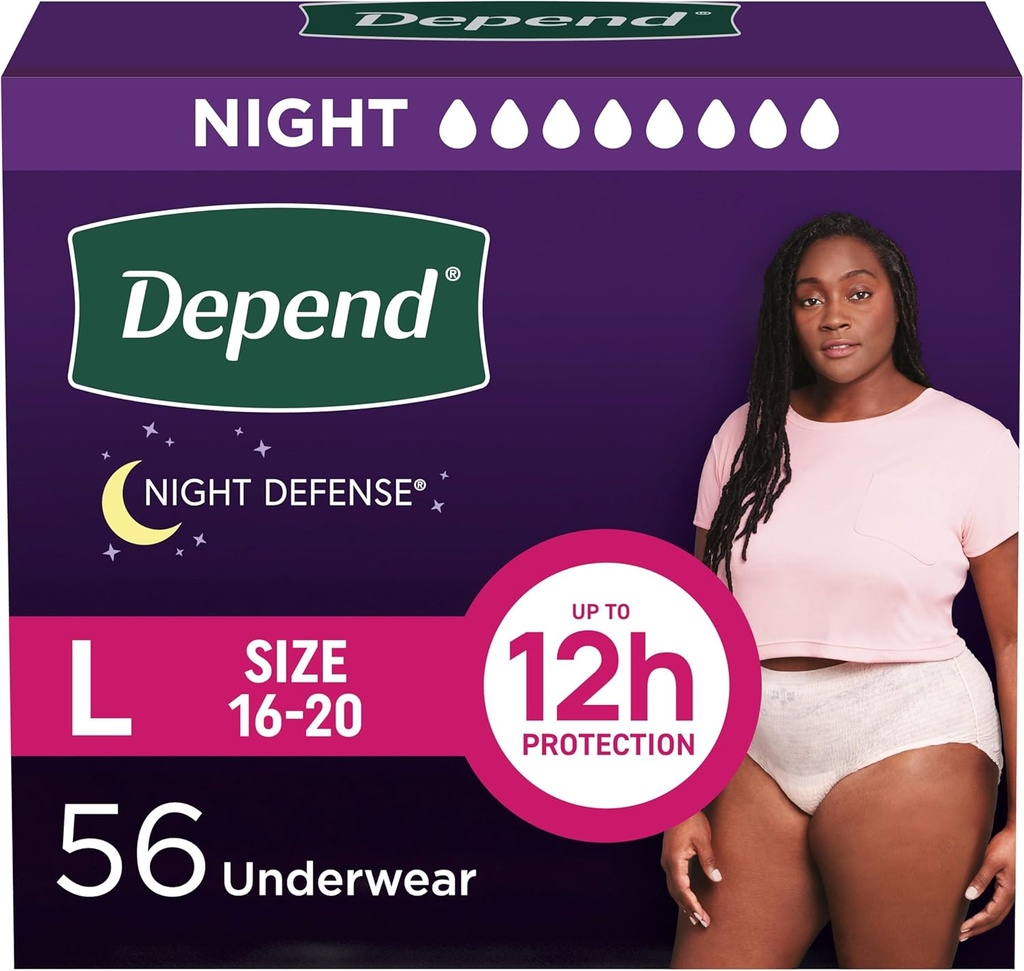 Night Defense Yetişkin Diapers, Incontinence & Postpartum Kadın, Tekil, Gece, Büyük, Blush, 56 Kont (4 Packs 14), Ambalaj Vary