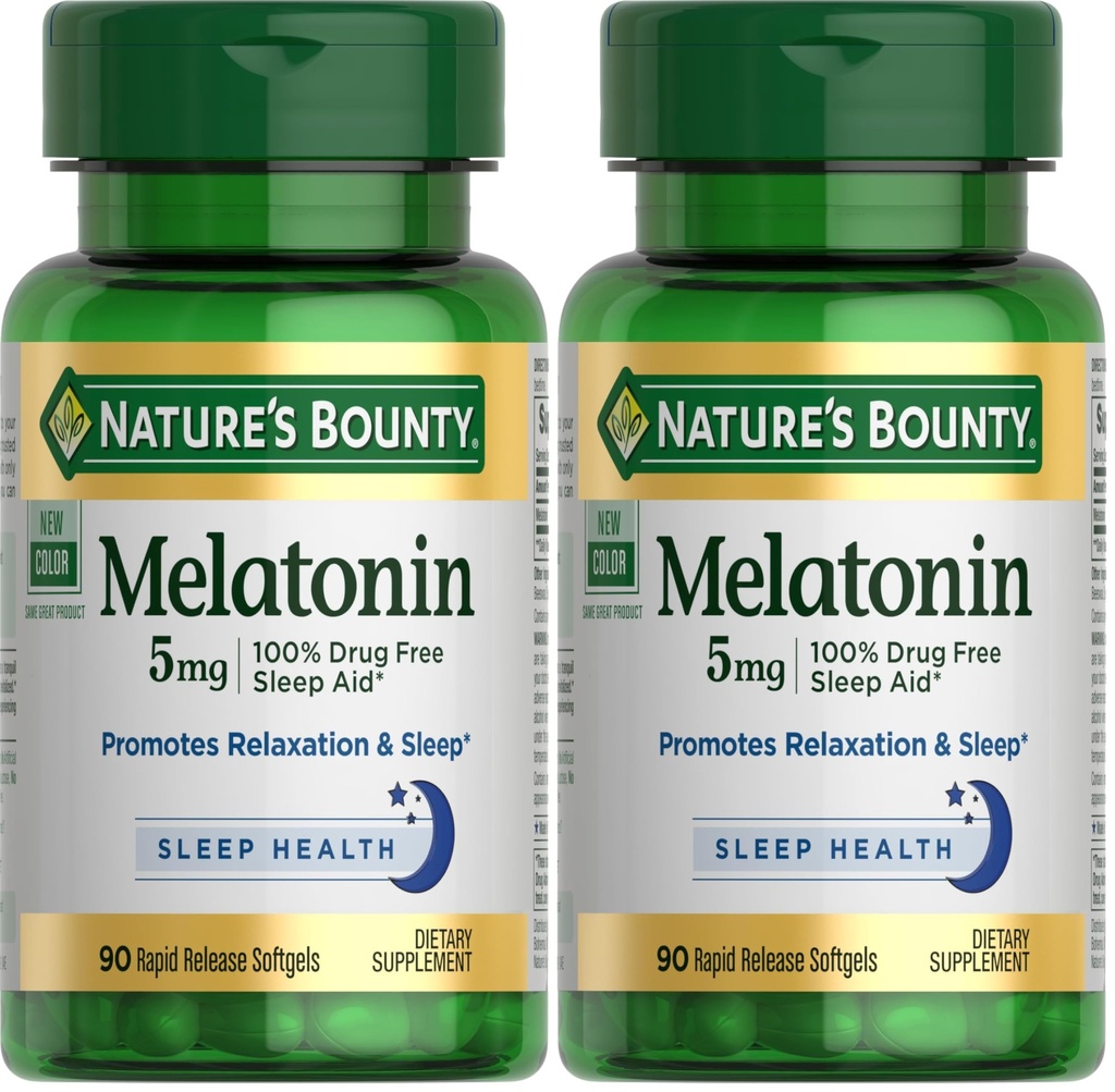 Nature's Bounty Melatonin,% 100 Uyuşturucu Ücretsiz Uyku Yardımı, Diyetsel Tamam, Rahatlama ve Uyku Sağlığı, 5 mg, 90 Softgels (Pack of 2)