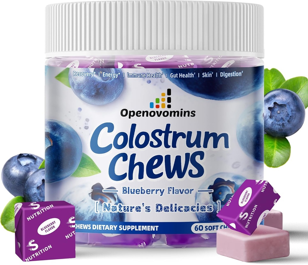 Bovine Colostrum Soft Chews Supplement, Gut Health, Bloating, Immune Support, Skin, Saç Büyüme ve Güzellik - Blueberry Flavor (60 Hizmet)