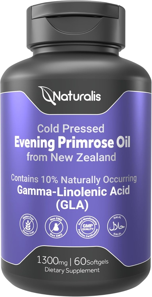 Naturalis Evening Primrose Oil (1300mg) | 100% Natural from New Zealand | Non-GMO, Soy & Gluten Free, Zero Filler | 60 Softgels