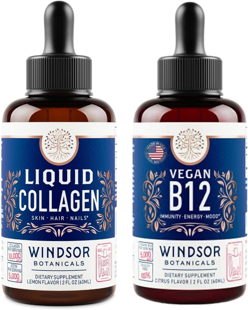 WINDSOR BOTANICALS Βιταμίνη B12 Υγρό και Υγρό Κολλαγόνο με Βιοτίνη - Ενέργεια και Wellness Δέσμη